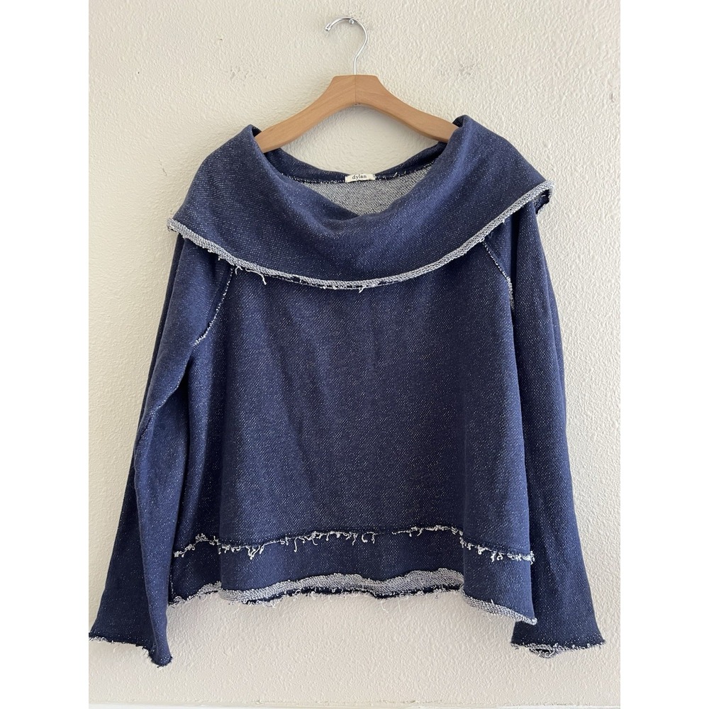 Dylan Blue Raw Edge Cowl Neck Pullover Sweatshirt Raw Hem Size Small Streetwear